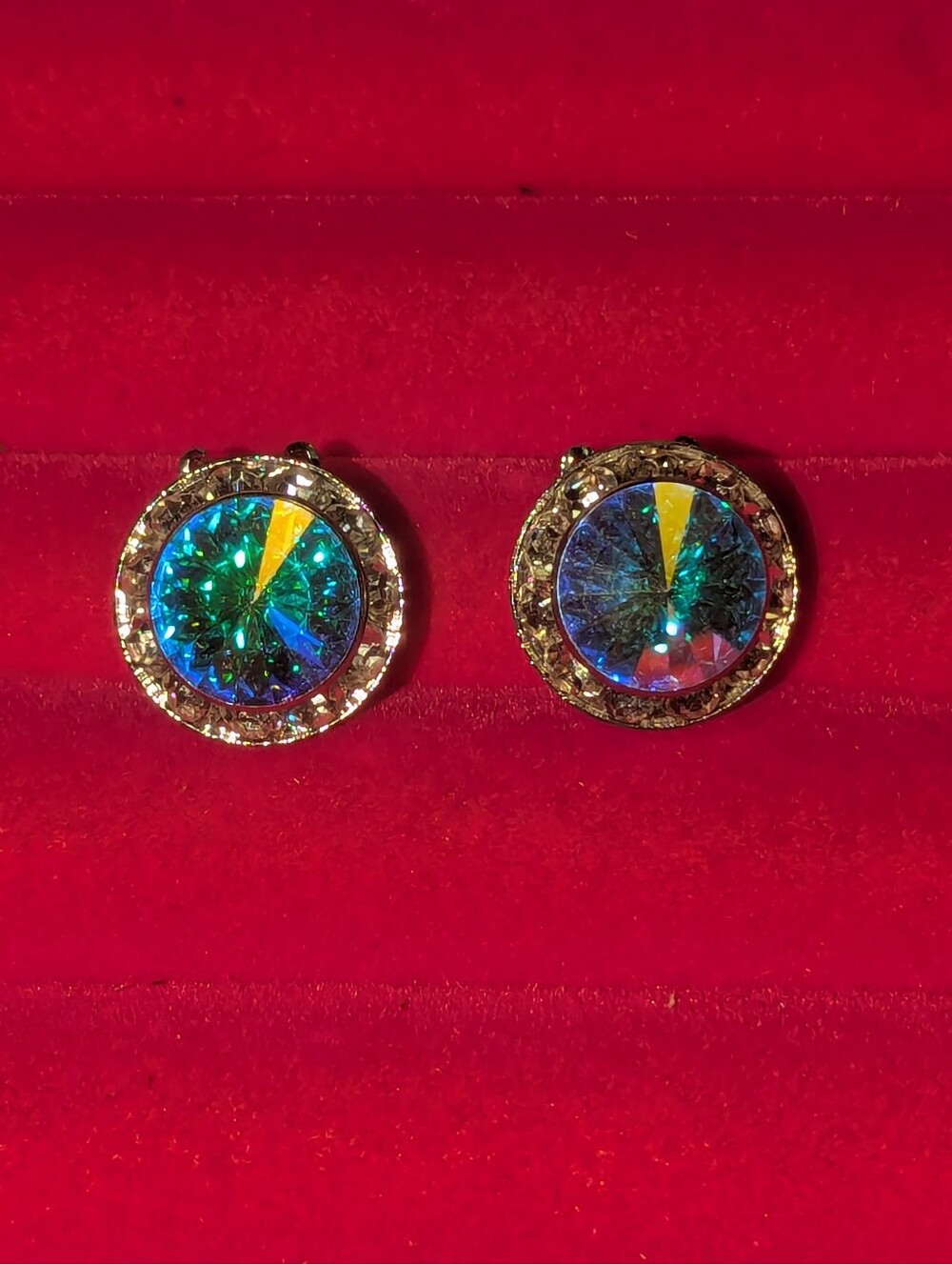 Iridescent Blue-Green Crystal Halo Stud Earrings - Women Jewelry